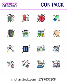 16 Flat Color Filled Line Corona Virus pandemic vector illustrations coffin; protect; bacteria; hand; bacteria viral coronavirus 2019-nov disease Vector Design Elements