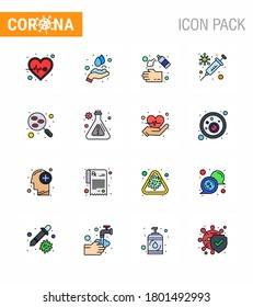 16 Flat Color Filled Line Set of corona Virus Epidemic Icons. wie Blut, Impfstoff; Handspray, Schutz; Viruscoronavirus 2019-nov Krankheit Vektor Design Elements