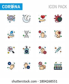 16 Línea llena de color plano de íconos epidémicos del virus de la corona. tales como el cuidado de las manos; protección; latir; enfermedad; pulsos coronavirus viral 2019-nov Enfermedad Vector Elementos de diseño