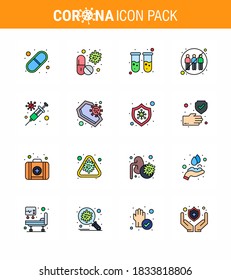 16 Línea llena de color plano de íconos epidémicos del virus de la corona. tales como la infección; participación; píldora; comunicación; Enfermedad coronavirus viral de tubo de prueba 2019-nov Elementos de diseño de vectores