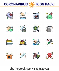 16 Flat Color Filled Line Virus Corona Icon Pack wie Hände; Sicherheit; Wasserschüssel; medizinisch, Gesichtsvirus-Coronavirus-2019-nov-Krankheit Vectordesign Elements