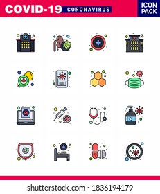 16 Línea llena de color plano de íconos epidémicos del virus de la corona. tales como médicos; chat; virus; hospital; construcción de elementos de diseño de vectores de enfermedad coronavirus viral 2019-nov