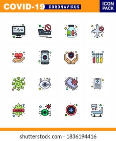16 Paquete de iconos de corona de virus de línea llena de color plano como el amor; atención; frasco de medicina; airoplan; elementos de diseño de vectores de enfermedad de coronavirus viral prohibido 2019-nov