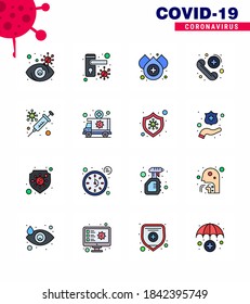 16 Línea llena de color plano de íconos epidémicos del virus de la corona. como la vacuna; gripe; sangre; atención; enfermedad coronavirus viral de emergencia 2019-nov Elementos de diseño de vectores