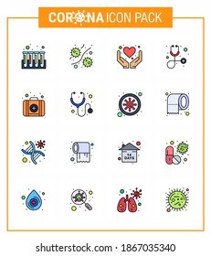 16 Flat Color Filled Line Corona Virus pandemic vector illustrations kit; stethoscope; viruses; healthcare; health care viral coronavirus 2019-nov disease Vector Design Elements