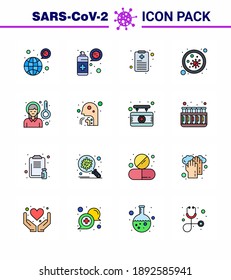 16 Línea llena de color plano de íconos epidémicos del virus de la corona. tales como cabeza; microbio; protección; gérmenes; bacterium viral coronavirus 2019-nov Enfermedad Vector Elementos de diseño
