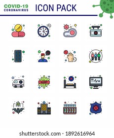 16 Flat Color Filled Line Virus Corona Icon Pack wie z. B. Zeichen; Krankenhaus; Zeitgeber; Bord; Viruscoronavirus 2019-nov Krankheit Vektor Design Elements