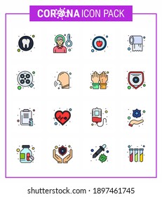 16 Flat Color Filled Line Set of corona virus epidemic icons. such as operation; care; sickness fever; tissue; paper viral coronavirus 2019-nov disease Vector Design Elements