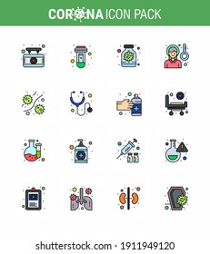 16 Flat Color Filled Line Set of corona virus epidemic icons. such as bacterium; sick; antivirus; pain; head viral coronavirus 2019-nov disease Vector Design Elements