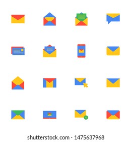 16 flat email icons pack in multicolors. Creative user interface envelope icon design colours. 