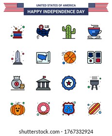 16 Flat Filled Line Signs for USA Independence Day sight; landmark; cactus; coffee; tea Editable USA Day Vector Design Elements