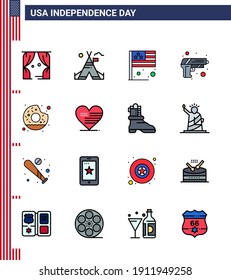 16 Flat Filled Line Signs for USA Independence Day round; weapon; day; army; gun Editable USA Day Vector Design Elements