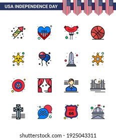 16 Flat Filled Line Signs für die Polizei des Unabhängigkeitstags der USA; Abzeichen; Lebensmittel; usa; Ball Edited USA Day Vector Design Elements