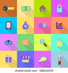 16 flat icons on a colored background