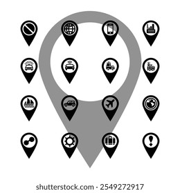 16 flat map icon set solid collection. Includes pin, navigation, sign board, app,  maps, location, cars, gym, airport, police and more. Illustration vector Saved in EPS 10 and fully editable.