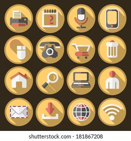 16 Flat Multimedia Icons on Circular Buttons.