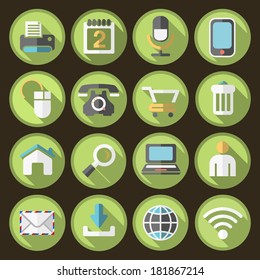 16 Flat Multimedia Icons on Circular Buttons.