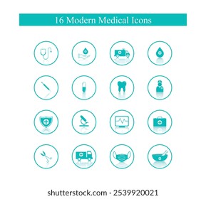 16 turquesa plana (cor aqua) Ícones médicos em forma redonda com sombras reflexivas para design moderno