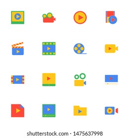 16 flat video icons pack in multicolors.  creative user interface video icon design colours. 