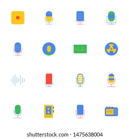 16 flat voice recorder icons pack in multicolors. Creative user interface recorder icon design colours. 