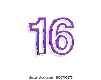 16 font purple number, hand drawn brush stroke. Modern, cartoon calligraphic design. For design element, logo, creative poster etc. Vector illustration 