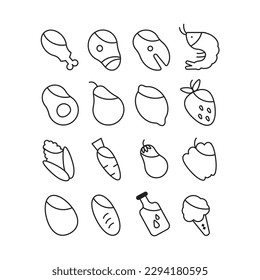 16 food doodle black icons including different foods. Cute line art of hand drawn food groups. Outlined food drawing