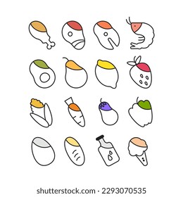 16 food doodle icons including different foods. Cute line art of hand drawn food groups. Outlined food drawing