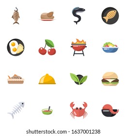 16 food flat icons set isolated on white background. Icons set with smoked fish, chicken, eel, breakfast, cherry, BBQ Grill, baked fish, main dish, Fish, Salad, bone icons.