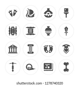 16 Footprint, Viking ship, Measure tape, Pick, Helmet, Bone, Map, Pantheon, Ancient jar modern icons on round shapes, vector illustration, eps10, trendy icon set.