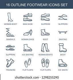 16 footwear icons. Trendy footwear icons white background. Included outline icons such as woman boot, man shoe, slippers, sandals, woman shoe. footwear icon for web and mobile.