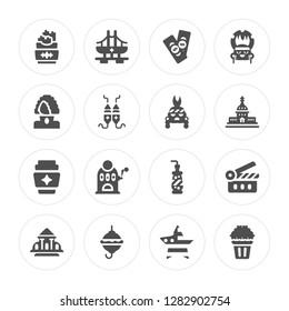 16 French Fries, Golden State, Burger, White House, Movie, Popcorn, George Washington, Coffee, Indian Modern Icons On Round Shapes, Vector Illustration, Eps10, Trendy Icon Set.