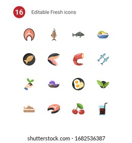 16 neue, flache Symbole einzeln auf . Symbole mit Lachs, geräucherter Fisch, Perch, Fisch, Muschel, Garnelen, Gartenmöbel, Meeresfrüchte, Frühstück, gebackener Fisch, Steak, Kirsche, Salatsymbole.