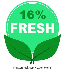 16% fresh fruits vector art illustration sign symbol in green round shape with leaves business stamp isolated on white background