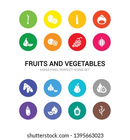 16 fruits and vegetables vector icons set included dill, dragon fruit, durian, eggplant, fig, fruit, garlic, ginger, gooseberry, grape, grapefruit icons