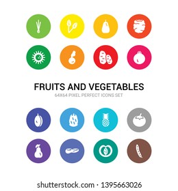 16 fruits and vegetables vector icons set included pea, peach, peanut, pear, persimmon, pineapple, pitaya, plum, pomegranate, potato, radish icons