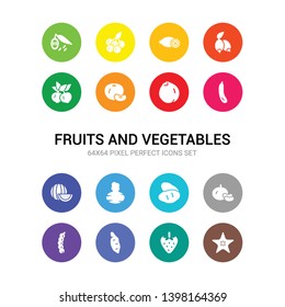 16 fruits and vegetables vector icons set included star fruit, strawberry, sweet potato, tamarind, tangerine, tuber, turnip, watermelon, zucchini, quince, mandarin icons