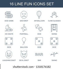 16 fun icons. Trendy fun icons white background. Included line icons such as dice game, sad emot, air balloon, clink glasses, ice skate, paintball. fun icon for web and mobile.