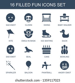 16 fun icons. Trendy fun icons white background. Included filled icons such as sad emot, clown, swing, baby walker, kite, emoji in mask, ice skating. fun icon for web and mobile.