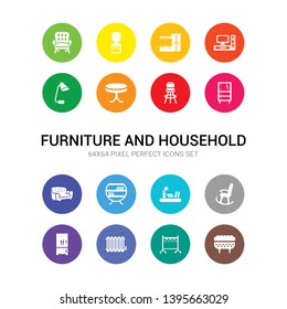 16 furniture and household vector icons set included ottoman, rack, radiator, refrigerator, rocking chair, shelf, shelves, sofa, stand, stool, table icons