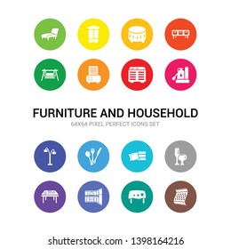 16 Furniture And Household Vector Icons Set Included Rugs, Table Linens, Cabinets, Card Table, Glassware, Linens, Silverware, Lamps, Sump Pump, Heating Unit, Dehumidifier Icons