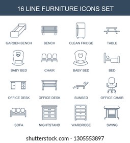 16 furniture icons. Trendy furniture icons white background. Included line icons such as garden bench, bench, clean fridge, table, baby bed. furniture icon for web and mobile.