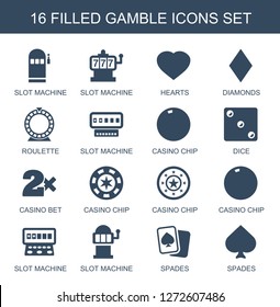 16 gamble icons. Trendy gamble icons white background. Included filled icons such as slot machine, Slot machine, Hearts, Diamonds, Roulette, casino chip. gamble icon for web and mobile.