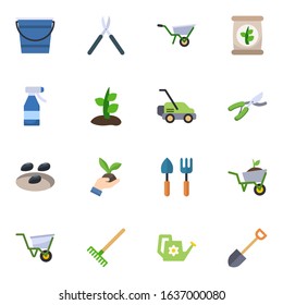 16 garden flat icons set isolated on white background. Icons set with Bucket, Gardening scissors, Wheelbarrow, Spray bottle, Plant, Lawnmower, seeds, Gardening, fertilizer icons.