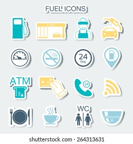 16 gas station icons. Fuel icons. Stickers. Vector illustration