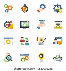 16 gear flat icons set isolated on white background. Icons set with cogwheel, Innovation business, Services, Productivity, Content management, web services, software, Web Infrastructure icons.