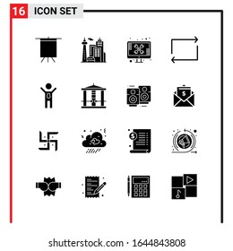 16 iconos generales para diseño de sitios web, aplicaciones impresas y móviles. 16 Símbolos de glifo Señales aisladas en fondo blanco. Paquete de iconos.