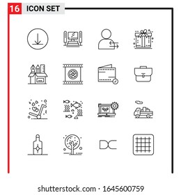 16 iconos generales para diseño de sitios web, aplicaciones impresas y móviles. 16 Símbolos de esquema Señales aisladas en fondo blanco. Paquete de iconos.