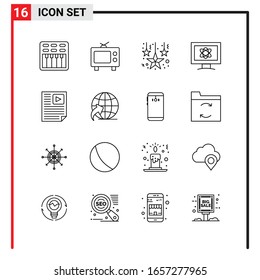 16 iconos generales para diseño de sitios web, aplicaciones impresas y móviles. 16 Símbolos de esquema Señales aisladas en fondo blanco. Paquete de iconos.