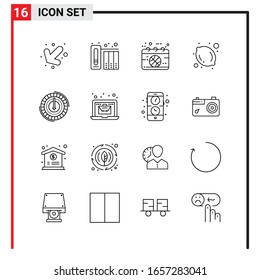 16 iconos generales para diseño de sitios web, aplicaciones impresas y móviles. 16 Símbolos de esquema Señales aisladas en fondo blanco. Paquete de iconos.