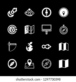 16 geography icons with map location and space ship hand drawn transport in this set